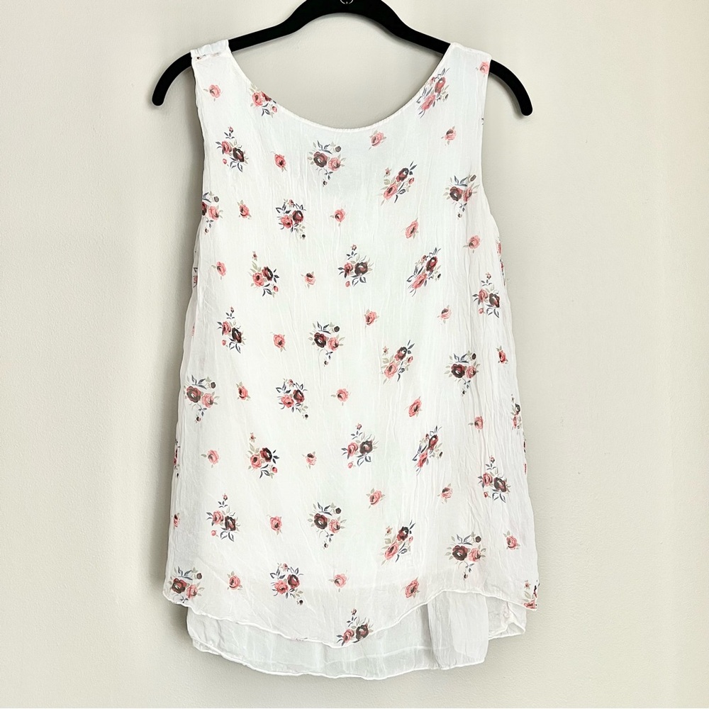 Cream Silk Sleeveless Top S – Floral, Lined, Ruffle Trim, Romantic, Cottagecore